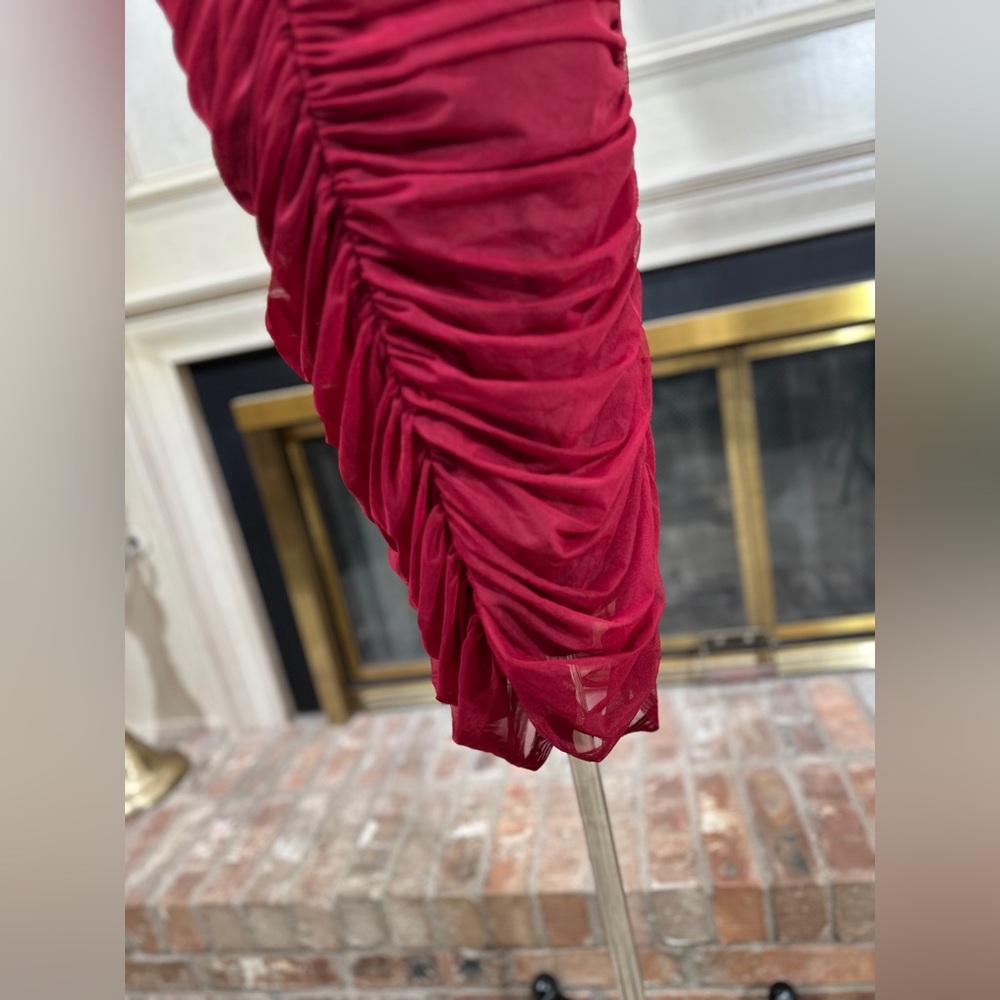 Gianni Bini Red Ruched Mesh One Shoulder Bodycon Dress XL Asymmetrical Cocktail - Picture 3 of 10
